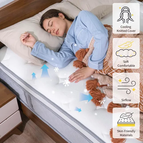 Miniatura 3 de Colchón tamaño individual, colchón mediano de 12 pulgadas en una caja, espuma viscoelástica de gel de enfriamiento híbrido y cama de resortes