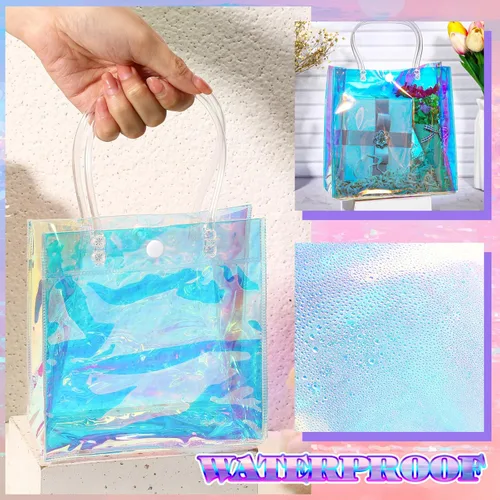 Miniatura 5 de Sherr 16 piezas bolsas de regalo pequeñas holográficas reutilizables iridiscentes transparentes para mujeres, portador de plástico de PVC con asas