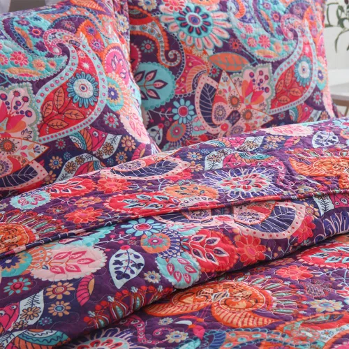 Miniatura 3 de VISIMISI - Juego de colchas de algodón, juego de cubrecama reversible con estampado floral de cachemira bohemio, patrón rojo bohemio hermoso