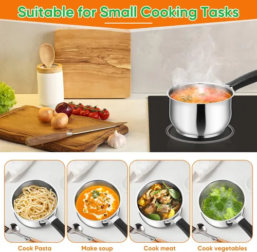 Miniatura 6 de P&P CHEF - Cacerola de acero inoxidable de 1 cuarto de galón con tapa, pequeña olla de leche para cocina multiusos, tapa de vidrio visible y asa