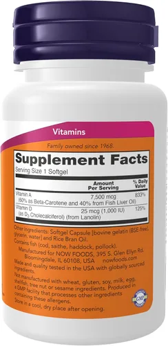 Miniatura 2 de NOW Suplementos, Vitamina A y D3 25,000/1,000 UI, Salud de los Ojos*, Nutrición Esencial, 100 Cápsulas Blandas