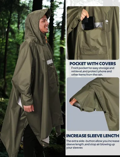 Miniatura 12 de ANYOO Poncho de lluvia con capucha para adultos, impermeable, ligero, para hombres y mujeres, chaqueta de lluvia reutilizable para emergencias al