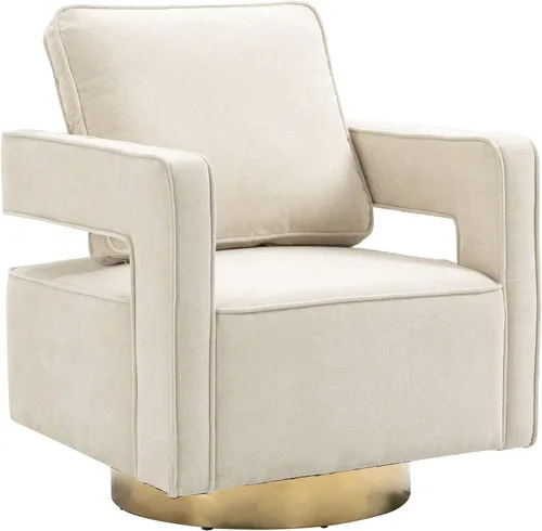 Miniatura 9 de Betoko Silla giratoria con diseño de barril, moderno sillón con respaldo abierto con base de metal dorado, silla tapizada de felpilla con almohada
