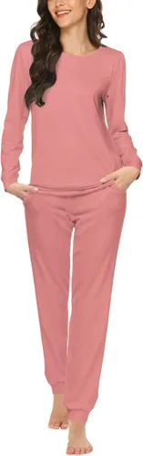 Miniatura 30 de Ekouaer Conjunto de pijama de manga larga para mujer, ropa de dormir suave con cuello redondo y bolsillos