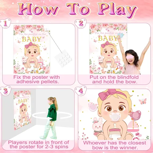 Miniatura 7 de Juego Pon el Chupete al Bebé Rosa Juego de Baby Shower Decoraciones para Fiesta Incluye Póster Grande 30 Pegatinas de Chupete Juego para Baby
