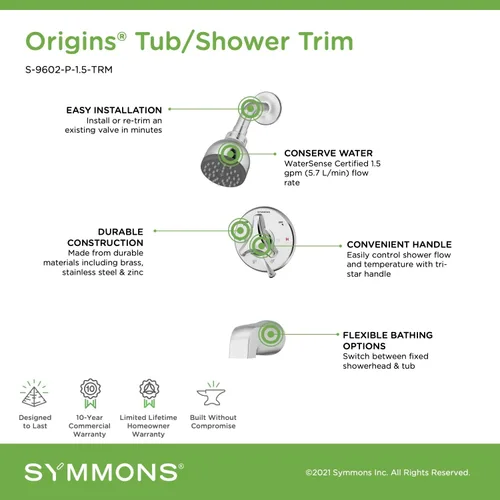 Miniatura 3 de Symmons S-9602-P-1.5-TRM Origins - Grifo para bañera y ducha con 1 pulverizador de cromo pulido, 1.5 GPM (válvula no incluida)