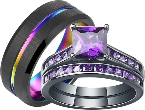 Sheloves - Anillos de boda chapados en negro para parejas y mujeres, juego de anillos de boda de tungsteno para hombre y mujer