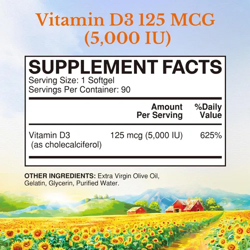 Miniatura 2 de Vitalitown Vitamina D3 125 mcg (5000 UI) de alta potencia para apoyo a la salud ósea, dientes, corazón e inmunológico, a base de aceite de oliva