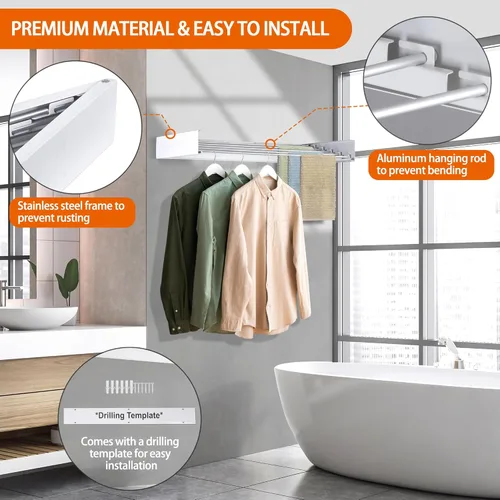 Miniatura 4 de FOCHIER F Tendedero de Ropa de Pared Tendedero de Secado Plegable con 5 Varillas de Aluminio y Plantilla de Perforación Broca de Destornillador Negro
