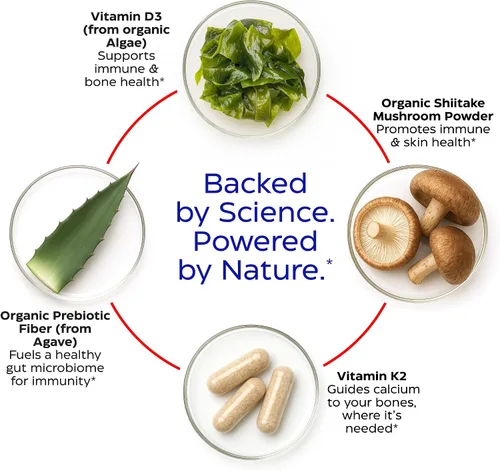Miniatura 4 de Enzymedica Vitamina D3 K2, 5000 UI Vegan D3 + 90 mcg MK-7, suplemento a base de plantas con hongos shiitake y fibra prebiótica para apoyo óseo e
