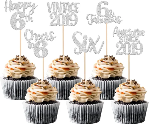 Miniatura 13 de Rsstarxi Paquete de 24 adornos para cupcakes vintage 2019 con purpurina negra para 5º cumpleaños, saludos a 5, cinco, 5, 5 fabulosos para cupcakes