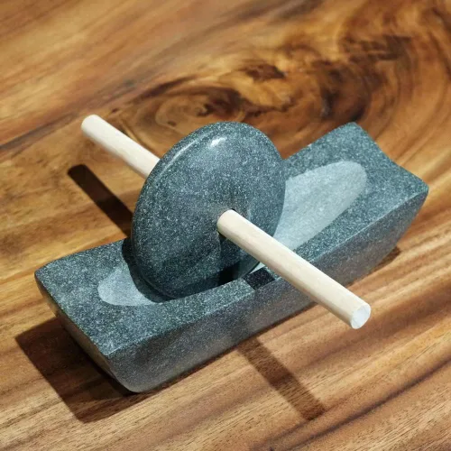 Rodillo de piedra azul, molienda de té en la dinastía Song, mortero de piedra pequeño, rodillo, producción de polvo de té matcha, molienda de pastel