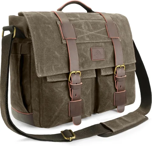Miniatura 11 de Bolsa tipo mensajero para hombre, bolsa para laptop de 15.6 pulgadas, bolsa vintage de lona encerada, resistente al agua, maletín de cuero