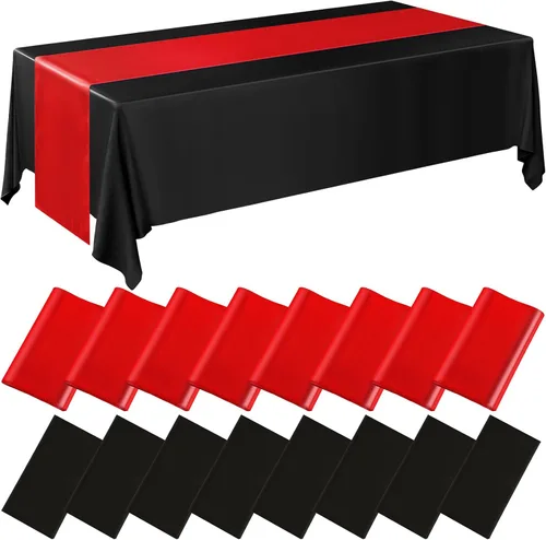 Miniatura 13 de Tudomro 16 piezas de manteles de plástico desechables negros y rosa fuerte y juego de camino de mesa de satén 54 x 108 pulgadas Mantel 12 x 108