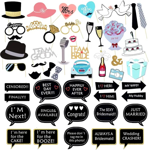 52 accesorios para cabina de fotos de boda con palo, accesorios divertidos para cabina de fotos, suministros de fiesta de boda para novia, novio,