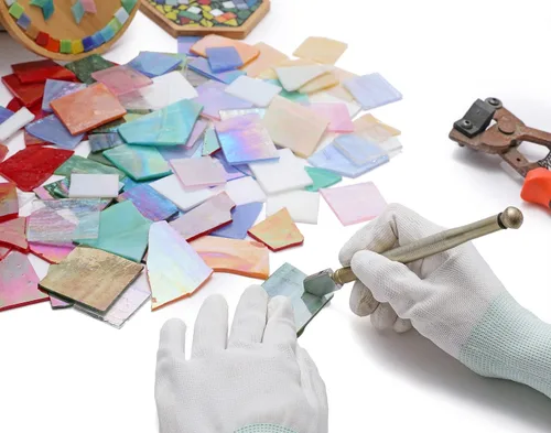 Miniatura 4 de Lanyani Piezas de vitral iridiscentes para manualidades y decoración, variedad de restos de mosaico de vidrieras rotas irregulares, paquete de 1