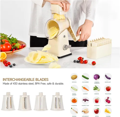 Miniatura 3 de Xilrvna - Rallador rotativo de queso, triturador de verduras, 5 en 1, rallador de queso con mango reforzado, succión, fácil limpieza, cocina, picar