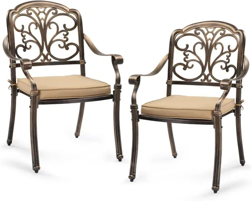 Miniatura 22 de VINGLI Juego de 2 sillas de patio apilables de aluminio fundido para exteriores con acabado negro vintage y patrón floral, sillones de metal