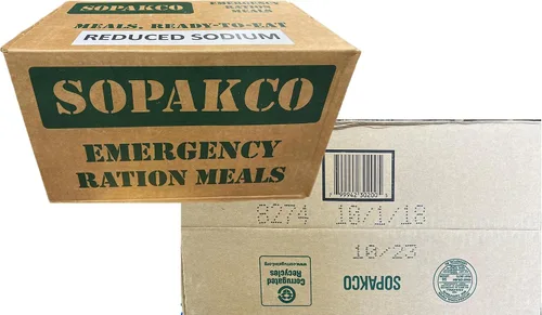 MRE 7020 caja de 14 raciones de alimento de emergencia reducido en sodio - Listo para consumir, sellado y envasado en fábrica - 01/22
