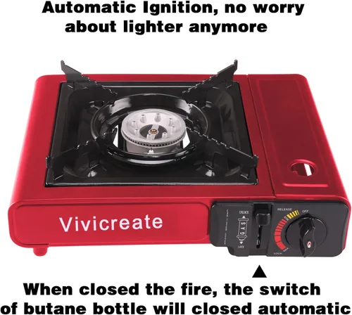Miniatura 5 de Vivicreate Estufa de gas butano portátil de 8500 BTU para acampar, cocinar al aire libre, quemador portátil ligero con encendido automático, estufa