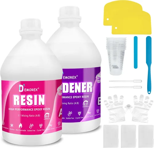 Kit de resina epoxi transparente de 1 galón Demorex, suministros de resina sin burbujas y de alto brillo para recubrimiento y fundición de arte,