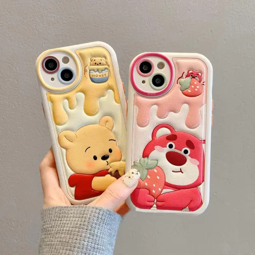 Miniatura 3 de Compatible con iPhone 15 Plus, Funda de Dibujos Animados, Funda Kawaii de Oso Lindo de Silicona 3D con Correa, TPU Suave, Protectora y a Prueba