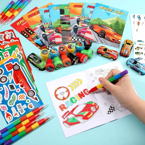 Miniatura 4 de BenLouis 84 piezas de recuerdos de fiesta con tema de carreras, libros para colorear, crayolas, stickers, set a granel para niños, ruedas