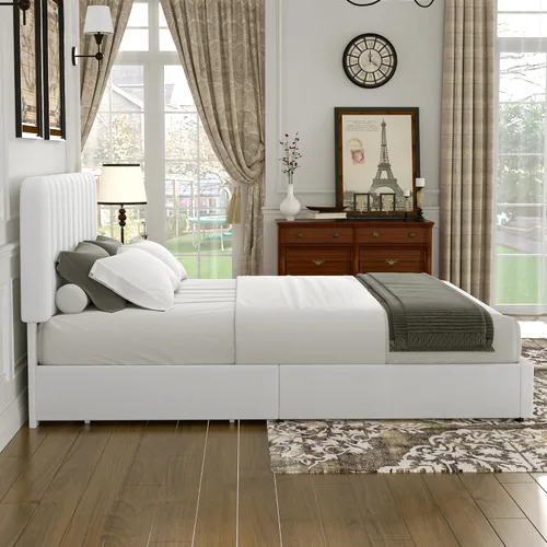 Miniatura 6 de VECELO Marco de Cama Tapizada Tamaño Full con 4 Cajones y Cabecero, Marco de Cama Plataforma de Almacenamiento de Terciopelo, Soporte de Listones