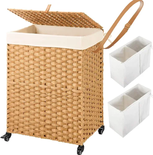 Miniatura 95 de GREENSTELL Cesta para ropa sucia con ruedas y tapa, 130 L, cesta grande de 3 secciones con 2 tipos de bolsas de forro extraíbles, 5 bolsas de malla