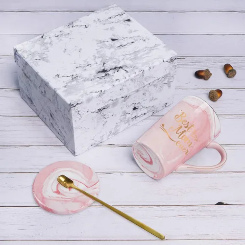 Miniatura 7 de YHRJWN Best Dad and Mom Marble Ever - Juego de tazas de café con caja de regalo, posavasos y cuchara para Navidad, cumpleaños, regalo para padres