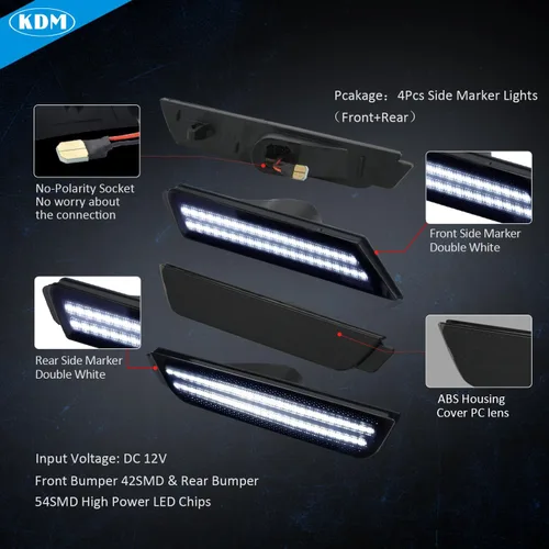 Miniatura 4 de KDM Reflectores LED de Señalización Lateral de Parachoque con Lente Ahumada de Filas Duales en Blanco Brillante, Compatible con 2010 2011 2012 2013