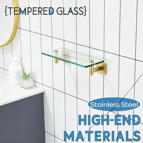 Miniatura 8 de KOKOSIRI Estantes de pared flotantes de acero inoxidable dorado de 12 pulgadas, accesorios de baño de vidrio templado, estante colgante para Oro