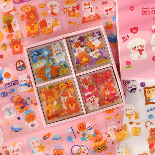 Miniatura 8 de Adhesivos de conejito y oso de dibujos animados lindos, EAMOTOL 100 hojas de animales kawaii transparentes de PET para álbum de recortes, Paraíso