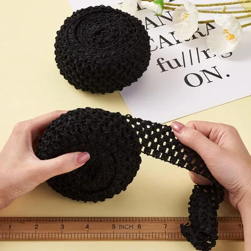 Miniatura 4 de KISSITTY 2 rollos de cintas elásticas de ganchillo de 10.93 yardas, de poliéster negro, banda elástica de ganchillo plano para envolver regalos