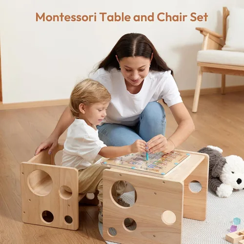 Miniatura 2 de Woodtoe Montessori - Juego de mesa y silla de destete, mesa y silla ajustable para niños pequeños, mesa de actividades de madera maciza, ideal