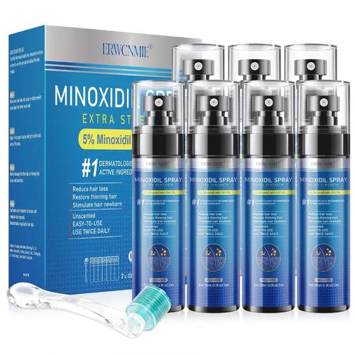 Spray de minoxidil al 5% para hombres y mujeres, paquete de 7, impregnado con biotina, crecimiento de la barba, tratamiento extra fuerte para