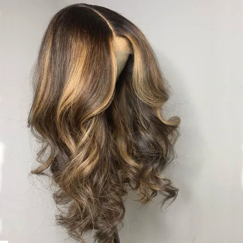 Miniatura 2 de Peluca de cabello humano ondulado con reflejos rubios y marrones, encaje frontal, sin pegamento, prearrancada, Remy brasileño, densidad 150, 12