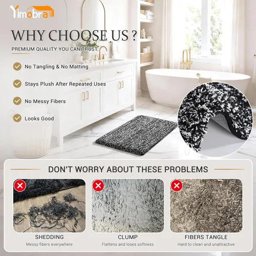 Miniatura 3 de Yimobra Alfombras de baño en negro y blanco antideslizantes lavables, tapetes de baño ultra suaves y absorbentes de agua, alfombra de ducha suave