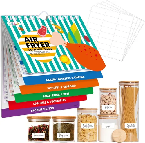 Hoja de trucos magnética para freidora de aire, folleto guía de cocina con 72 etiquetas en blanco extraíbles, tabla de temperatura de cocción guía