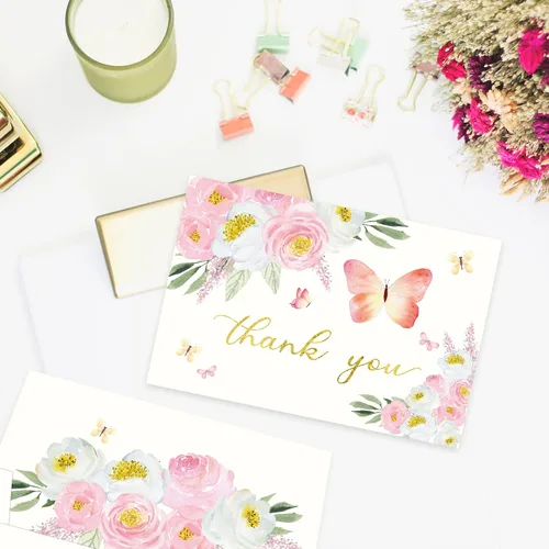 Miniatura 6 de Gooji Tarjetas de agradecimiento florales de color rosa mariposa 4 x 6 con sobres a granel (paquete de 20 sobres a juego), acuarela, fiesta