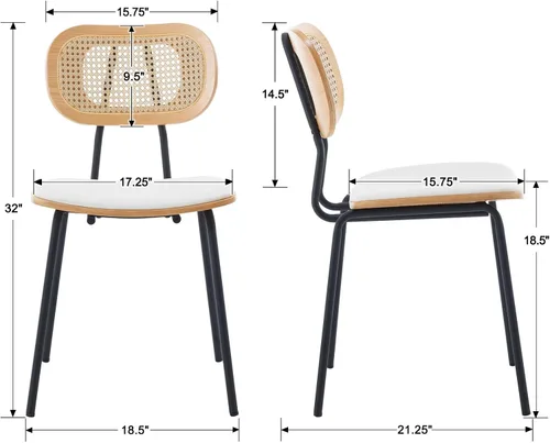 Miniatura 8 de Ya-Home Mid-Century - Juego de 2 sillas de comedor con respaldo de caña de ratán, asiento tapizado de piel sintética, patas de metal negro, sillas