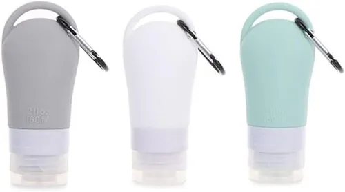 HomeSoGood 3 tubos de viaje de silicona a prueba de fugas recargables con gancho para llavero para artículos de tocador cosméticos, champú, botella