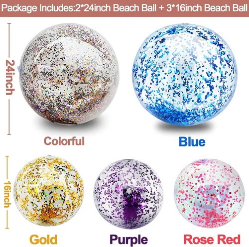 Miniatura 6 de Paquete de 5 bolas de playa de lentejuelas de 16 pulgadas y 24 pulgadas, inflables, confeti con purpurina, pelota de playa transparente, juguete