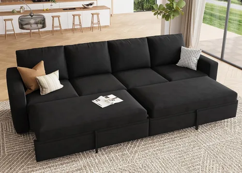Miniatura 9 de HONBAY Sofá seccional modular con cama extraíble, sofá cama con forma de U extraíble con secciones de almacenamiento para sala de estar - Beige