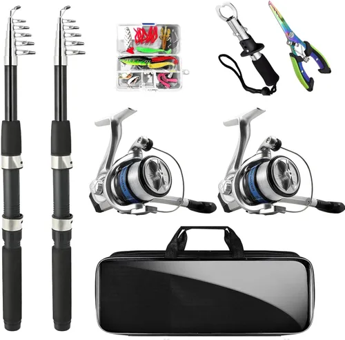 Telescopic Fishing Rod and Reel Combo Set, 2PCS Collapsible Fishing Poles, Fishing Kit with Spinning Reel Fishing Pliers and Lip Gripper, Travel