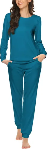 Miniatura 25 de Ekouaer Conjunto de pijama de manga larga para mujer, ropa de dormir suave con cuello redondo y bolsillos