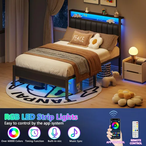 Miniatura 3 de Furnulem - Base de cama tamaño matrimonial con estación de carga y luces LED, plataforma con listones de metal, cabecera tapizada gris con estantes