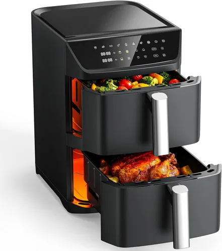 Freidora de aire de doble cesta, 12.6QT de tamaño familiar para 10–12 personas, cesta XL para pollo entero de 6LB, diseño compacto DoubleStack,