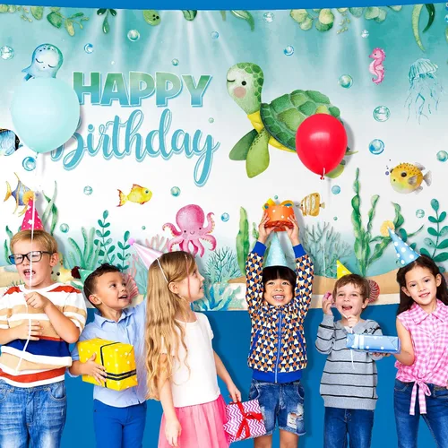 Miniatura 5 de Preboun Pancarta de fondo de cumpleaños de tortuga oceánica, decoración de fondo de fotos de animales marinos del océano para fiesta de cumpleaños