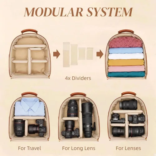 Miniatura 6 de Mochila pequeña para cámara, cuero PU clásico para DSLR, bolsa de cámara profesional para fotógrafos con compartimento para almohadilla/tableta